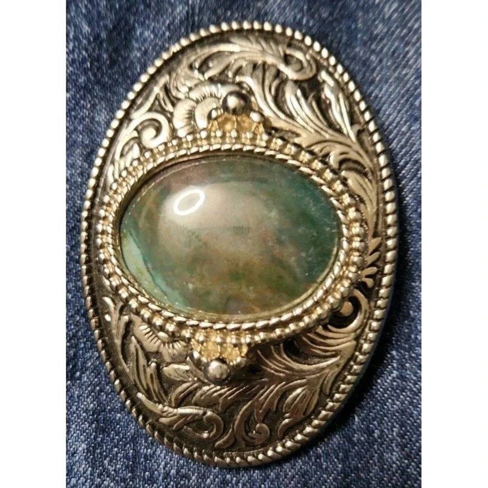 Vintage Western Style Oval Silver Tone Filigree Belt Buckle Green Agate Cabochon